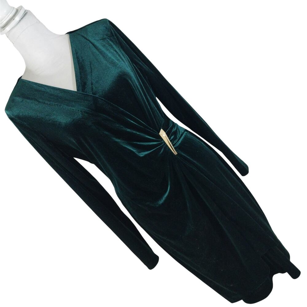 CALVIN KLEIN! EMERALD GREEN LUSH VELVET GATHERED/GOLD FOCAL POINT DRESS! SZ 14